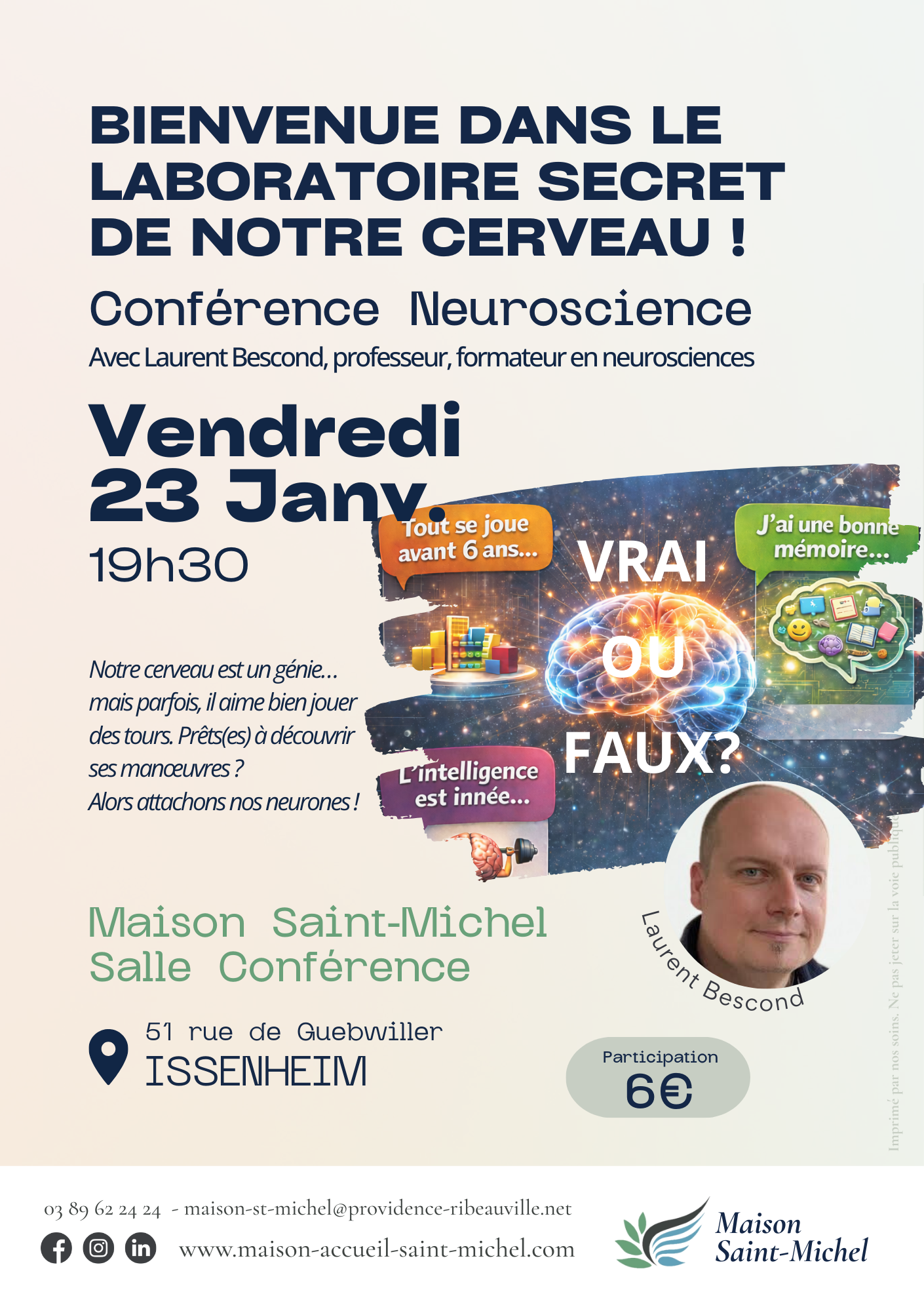 Conférence Neurosciences - Laurent Bescond "bienvenue dans le laboratoire secret de notre cerveau" à Issenheim Maison Saint-Michel